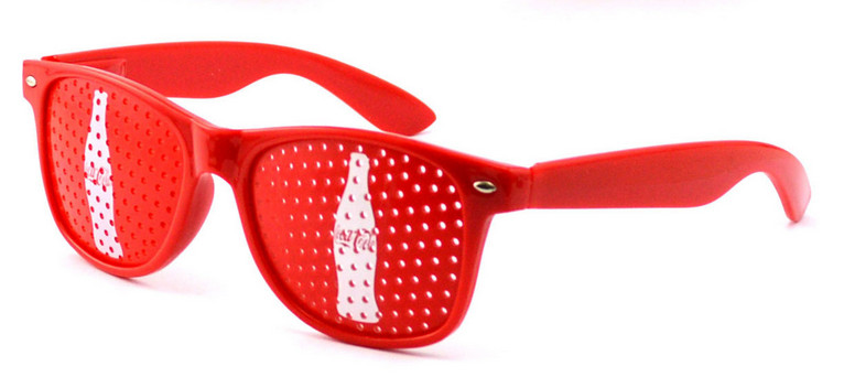 side view of red pinhole sunglasses for liquor brand
